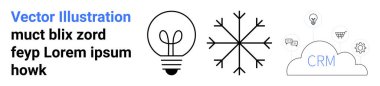 Fikirleri sembolize eden ampul, benzersizliği simgeleyen kar tanesi, ikonlu CRM bulutu bağlantı ve çözümler sergiliyor. Yenilik, yaratıcılık, teknoloji, beyin fırtınası, iş dünyası, strateji için ideal