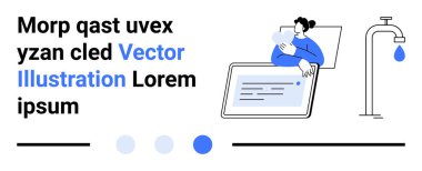 Kalbi tabletin yanında tutan kadın musluğun altında su damlasıyla mesaj atıyor. Sağlık, hayır kurumu, su tasarrufu, teknoloji, eğitim, motivasyon, basit iniş sayfası için ideal