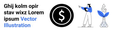 Bir dolar ikonu ve şişeden büyüyen bir bitkinin yanında elinde pano tutan ve işaret eden bir kadın. Finans, strateji, yatırım, sürdürülebilirlik, iş büyümesi, yenilik, basit iniş sayfası için ideal