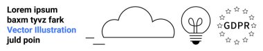 Bulut simgesi, ampul ve GDPR uyum metni yenilik, veri depolama ve mahremiyet öneriyor. Teknoloji, yenilik, siber güvenlik, bulut hizmetleri veri gizliliği için ideal basitlik