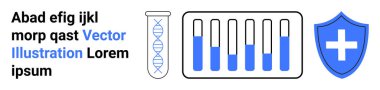 Test tüpünde DNA sarmalı, askıda test tüpleri ve çapraz sembollü tıbbi kalkan. Sağlık, biyoteknoloji, tıbbi araştırma, laboratuar güvenliği, ilaç geliştirme, tanı geliştirme için ideal