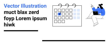 İşaretli tarihli takvim, dizüstü bilgisayar kullanan kişi, soyut metin elemanları, minimum tasarım. Zaman yönetimi, planlama, organizasyon, verimlilik, planlama tarihleri için ideal basit iniş sayfası