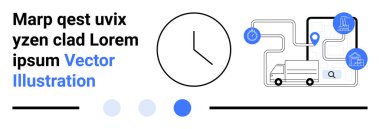 Teslimat kamyonu ve harita noktalarıyla birlikte saat dağıtım, zamanlama ve verimli lojistiği vurgular. Tedarik zinciri, dağıtım uygulamaları, zaman izleme, planlama araçları, işlemler için ideal