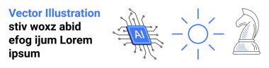 Yapay zekayla mikroçip, enerjiyi sembolize eden güneş strateji için satranç şövalyesi ve yer tutucu metin. Yapay zeka, yenilik, enerji çözümleri, fütürist fikirler, teknoloji stratejisi basit iniş sayfası için ideal