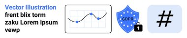 Çizgi grafiği, GDPR kalkanı, kilitli gizlilik sembolü, ve üst veriler veri analizi, çevrimiçi güvenlik ve sosyal medya. Analiz, siber güvenlik, gizlilik teknolojisi İnternet için ideal