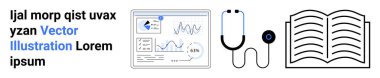 Ekrandaki analitik grafik ve grafikler, steteskop ve yeniliği simgeleyen açık kitap, sağlık, eğitim, araştırma, veriye dayalı kararlar, tıbbi teknoloji, basit iniş sayfası