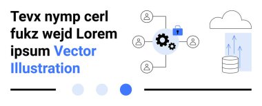 Kilitli bir teçhizata bağlı kullanıcı ağı simgeleri, veri yüklemeli bulut ve veritabanı depolaması. Güvenlik, bulut hesaplama, teknoloji, işbirliği, ağ oluşturma, takım yönetimi için ideal