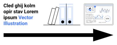 İki dik dosya klasörü, çizelge ve grafiklerle analitik gösterge paneli, ilerlemeyi gösteren kalın ok. Veri yönetimi, raporlama, strateji, eğilimler, ilerleme, navigasyon için ideal