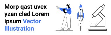 Dişi bilim adamı elinde bir pano tutuyor, yakınlarda bir mikroskop ile fırlatma roketini işaret ediyor. Bilim, yenilik, eğitim, teknoloji, araştırma, keşif için ideal basit iniş sayfası