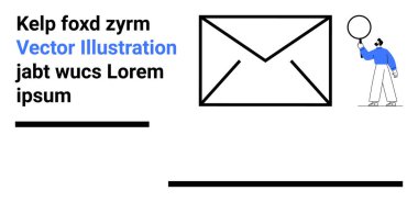 Zarf simgesi ve mavili adam büyüteçle analiz ediyor. E- posta pazarlama, iletişim, soruşturma, mesajlaşma uygulamaları, arama işlemleri, çevrimiçi araçlar, basit iniş sayfası için ideal