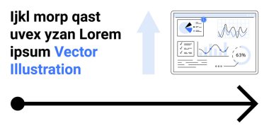 Analitik gösterge paneli, veri tabloları, yukarı doğru ok ve büyüme ve eğilimleri gösteren metin elemanı. Veri analizi, performans takibi, iş stratejisi, eğitim ve teknoloji için ideal