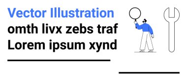 Büyük ingiliz anahtarının yanında büyüteçle inceleme yapan biri. Yararlılığı birleştirir, arama görselleştirir. Sorun çözme, yaratıcılık, teknoloji, onarım hizmeti, araçlar, araştırma ve basit için ideal