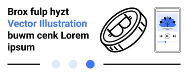 Dijital para ve akıllı telefon ekranı lotus grafikli bir ses oynatıcıyı gösteriyor. Fintech, kripto para birimi, dijital cüzdanlar, mobil uygulamalar, ses platformları, modern arayüzler, basit iniş noktaları için ideal