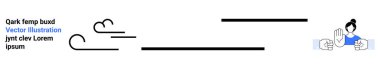 Kadın minimalist çizgilerin ve bulutların arasında el hareketi yapıyor. Takım çalışması, bağlantı, tartışma, müzakere, destek, grafik tasarım, basit iniş sayfası için ideal