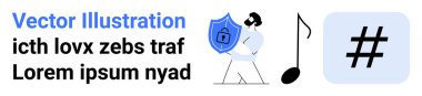Üzerinde bir müzik notası ve meta veri etiketi bulunan kilit simgesi olan bir kalkanı tutan kişi. Dijital güvenlik, sosyal medya, teknoloji, yaratıcılık, müzik, markalaşma, basit iniş sayfası için ideal