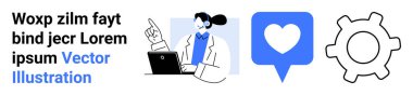 Ekranı işaret eden kişi, konuşma baloncuğundaki kalp bağlılığı sembolize ediyor, işlem ya da ayarlar için vites. Takım çalışması, teknoloji, iş, yaratıcılık, yenilik, kullanıcı katılımı için ideal basit
