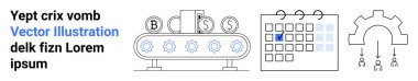 Vites simgeli üretim hattı, para birimlerini temsil eden madeni paralar, vurgulanmış tarihli takvim ve dişli akış şeması. Otomasyon, finans, planlama, üretkenlik, iş akışı zamanlaması için ideal