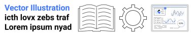 Açık kitap, vites sembolü ve grafik ve çizelgeli analitik panel. Öğrenme, üretkenlik, teknoloji, eğitim, veri analizi, iş büyümesi için ideal basit iniş sayfası