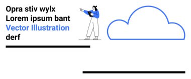 Sıradan kıyafetli bir kadın bulut sembolünü, kalın metin bloklarını ve minimalist öğeleri işaret ediyor. Teknoloji, bulut depolama, çevrimiçi hizmetler, sunumlar, eğitim, inovasyon için ideal