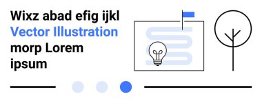 Dolambaçlı bir yolda ampul, minimalist ağaç, metin elementleri ve temiz satırlar. Yenilik, basitlik, yaratıcılık, tasarım, kavramsal düşünce sunumları için ideal basit iniş sayfası
