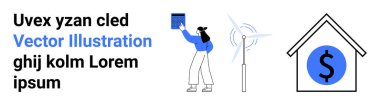 Rüzgar türbinli güneş panelini ve dolar işaretli ev ikonunu inceleyen bir kadın. Yenilenebilir enerji, sürdürülebilirlik, finans, yeşil yaşam. Temiz enerji, eko-teknoloji, finans ve enerji için ideal