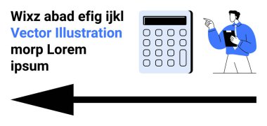 Not defteri tutan iş adamı, büyük hesap makinesi, kalın ok. Finans, analiz, yön, rehberlik, karar verme, basit iniş sayfası için ideal
