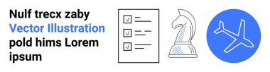 Kene işaretli kontrol listesi, satranç şövalyesi, mavi daireli uçak ikonu. Planlama, strateji, seyahat, havacılık, karar verme, üretkenlik ve basit iniş sayfası için ideal