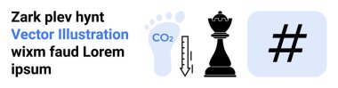 Termometreye sahip CO2 ayak izi ikonu, satranç taşı stratejiyi sembolize ediyor ve eğilimler veya sosyal medya için meta veri etiketi. Sürdürülebilirlik, liderlik, planlama, eğilimler, iletişim, yenilik için ideal