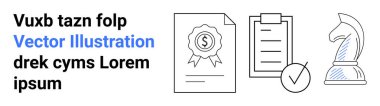 Madalyalı sertifika, listeli pano, işaretli işaret ve satranç şövalyesi iş başarısını, planlamayı, başarıyı vurguluyor. Stratejiler, hedefler, liderlik, müzakere ekibi çalışması için ideal