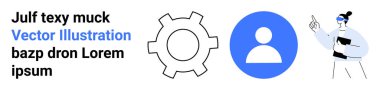 Vites simgesi, kullanıcı profili sembolü ve metin açıklayan profesyonel karakter. Kullanıcı arayüzü, takım çalışması, talimat, eğitim, rehberlik, profil kurulumu için ideal basit iniş sayfası