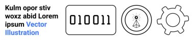 İkili kod bloğu, sinyal sembollü iletişim kulesi ve dişli simgesi. Teknoloji, yenilik, yazılım, mühendislik, veri transferi, kablosuz iletişim için ideal basit iniş sayfası