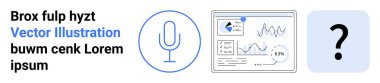 Mikrofon sembolü, analitik gösterge paneli ve soru işareti ses arayüzünü, veri içgörüsünü ve sorgulama çözünürlüğünü temsil ediyor. Yapay zeka teknolojisi, SEO, öğrenme, çevrimiçi destek ve basit iniş sayfası için ideal
