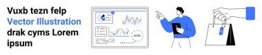 Etkileşimli grafik ve grafikleri olan veri paneli, analizi sunan adam, çantalarla alışveriş yapan el. Analiz, iş, perakende, pazarlama, eğitim, takım çalışması için ideal basit iniş sayfası