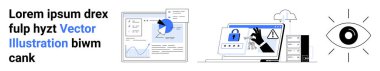 Grafikler, pasta grafikleri, veri analizleri, bilgisayar alarm ekranı, kilit ve göz simgesi. Teknoloji için ideal, siber güvenlik, veri koruma analitik izleme iş stratejisi basit iniş sayfası