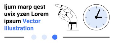 Bir yönü gösteren robot el, zamanı gösteren analog saat, yer tutucu metin ve dizayn noktaları. Teknoloji, otomasyon, zaman yönetimi, robotik, UXUI tasarım yeniliği için ideal