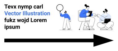 Tabletli ve dizüstü bilgisayarlı iş ekibi fikirleri tartışıyor, eğilimleri analiz eden büyüteçle çalışan işçi, ilerlemeyi sembolize eden büyük ok. Takım çalışması, büyüme, strateji, iş, veri analizi için ideal