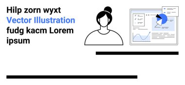 Grafik ve pasta grafiği arayüzünün yanında analitik gösteren kadın simgesi. İş analizi, veri yönetimi, araştırma, teknoloji, üretkenlik, eğitim, basit iniş sayfası için ideal