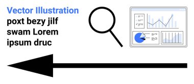 Gösterge panelinin üzerinde büyüteç, grafikler, ileri ok. Veri analizi, iş stratejisi, sunumlar, araştırma, yenilik, pazarlama, basit iniş sayfası için ideal