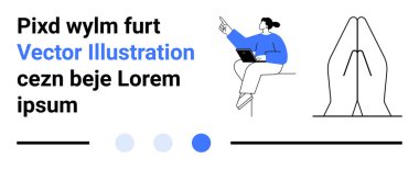 Kadın elinde dizüstü bilgisayar, soyut el hareketi grafiği, modern metin unsurları ve ilerleme göstergeleri tutarken işaret ediyor. Yaratıcılık, takım çalışması, modern tasarım, yenilik ve görsel planlama için ideal