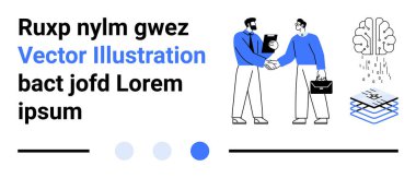 Bir iş tokalaşmasında iki adam. Beyin, yapıyı simgeleyen fikirleri ve katmanları simgeliyor. Takım çalışması, işbirliği, yenilik, ortaklıklar, iş analizleri, pazarlıklar, basit iniş için ideal