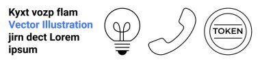 Ampul, telefon ve TOKEN kalın harfli dairesel simge. Yaratıcılık, iletişim, doğrulama, yenilik, teknoloji, markalaşma kavramları için idealdir basit iniş sayfaları