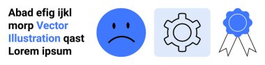 Mavi üzgün yüz, çizilmiş teçhizat, ve ödül kurdelesi duygular, süreçler ve başarılar. UX tasarımı, iş iletişimi, eğitim, iş akışı geribildirim motivasyonu veya basit bir