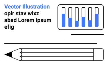 Kalem ve yatay çizgiler, mavi kalemli çubuk grafiği ve dizayn planları için yer tutucu metni. Eğitim, tasarım, yaratıcılık, yazı, analitik, veri görselleştirme için idealdir basit iniş sayfası