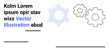 Takım çalışmasını, yeniliği ve verimliliği sembolize eden birbirine bağlı vites grafiklerinin yanında koyu ve mavi unsurlar içeren metin. İş için ideal, mühendislik, markalaşma, tasarım, eğitim, teknoloji basit