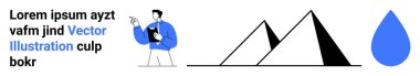 Person holding a document, minimalist geometric mountains, and a blue water drop. Ideal for education, creativity, nature, teamwork, strategy, modern design and a simple landing page