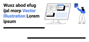 Açık arayüzlü bilgisayar ekranı, elinde belge tutan kişi, soyut arkaplan. UIUX tasarımı, iletişim, teknoloji, takım çalışması, dijital iş akışı, eğitim sade iniş sayfası için ideal