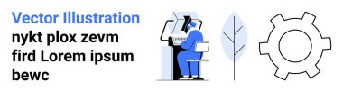 İş yerinde oturan kişi bilgisayar, stilize yaprak ve vites simgesi kullanıyor. Teknoloji, yenilik, üretkenlik, takım çalışması, sürdürülebilirlik, tasarım kavramları için ideal, basit iniş sayfası