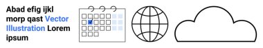 Seçilen tarih, dünya sembolü ve bulut ikonu ile planlama, küresel bağlantı ve bulut tabanlı teknoloji takvimi. Zamanlama, küreselleşme, bulut depolama, dijital araçlar için ideal