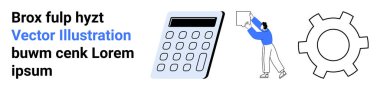 Hesap makinesi, vites sembolü ve verimliliği, teknolojiyi ve takım çalışmasını temsil eden kişi yönetimi belgesi. İş çözümleri, iş akışı optimizasyonu, yenilikçi takım çalışması bürosu düzenlemeleri için ideal