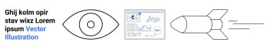 Göz sembolü, grafikli analitik gösterge paneli ve hareket halindeki bir roket. Teknoloji, analitik, yenilik, veri güdümlü kararlar, uzay keşfi, büyüme stratejileri için ideal basit iniş sayfası